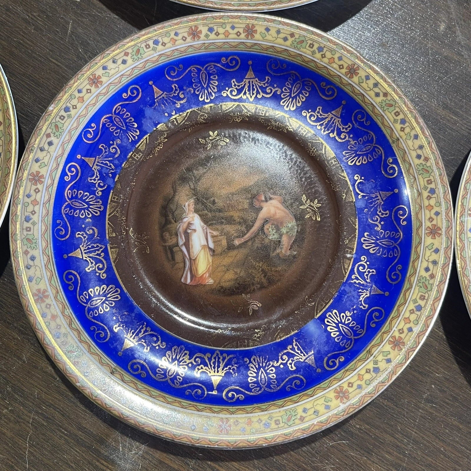Vintage Blue Gold Small Plate Set Of 9 Plates And 2 Cups Home Accent Arts Decor