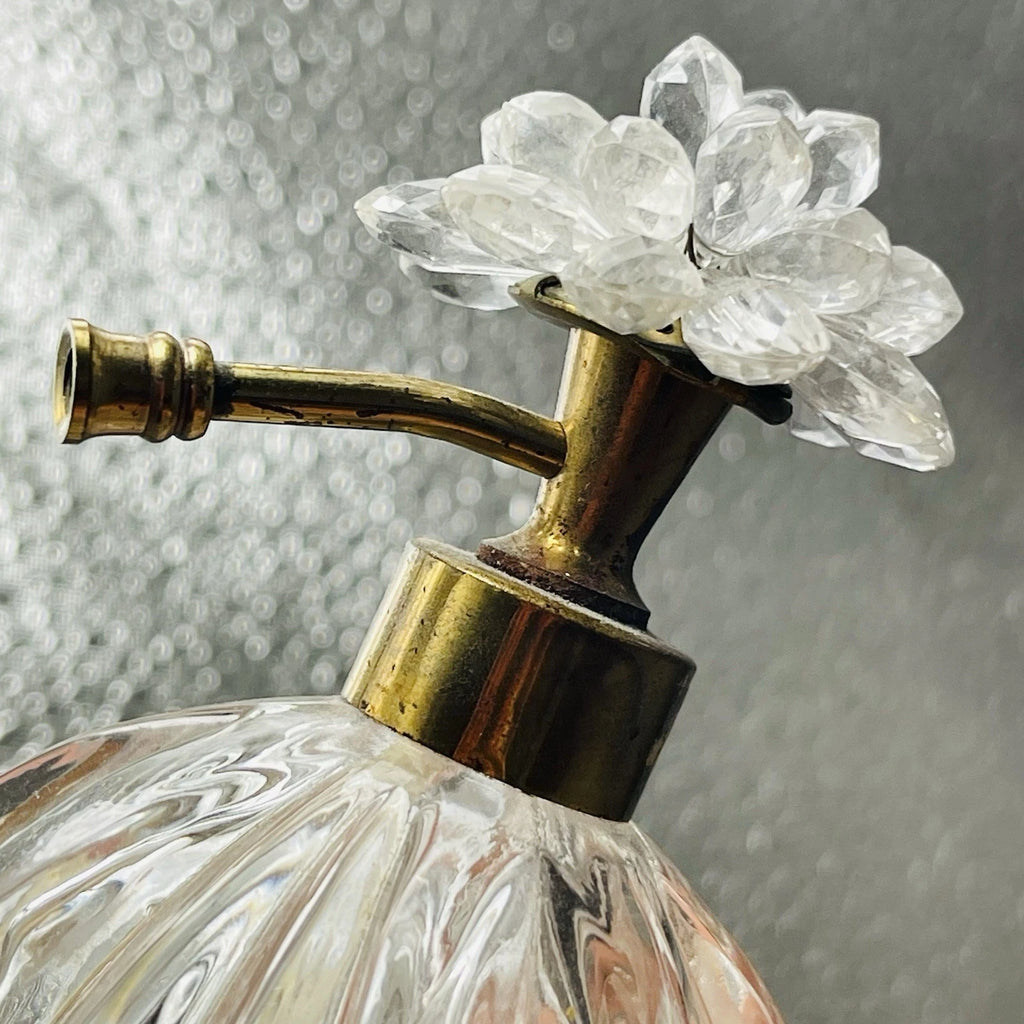 Clear Glass Perfume Bottle with Metal Flower & Rhinestone Pump Accent – Decorative