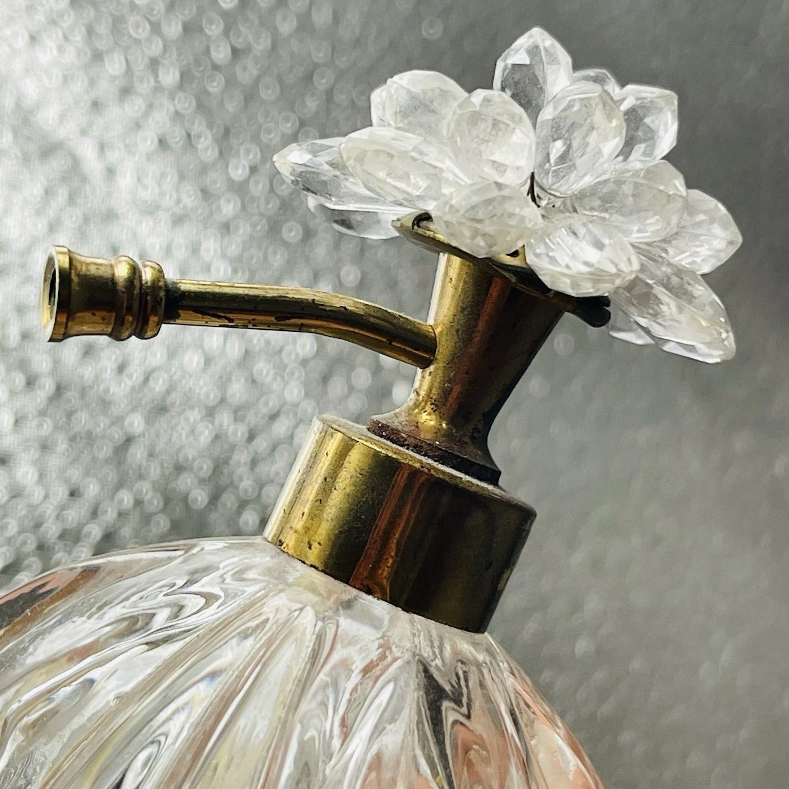 Clear Glass Perfume Bottle with Metal Flower & Rhinestone Pump Accent – Decorative