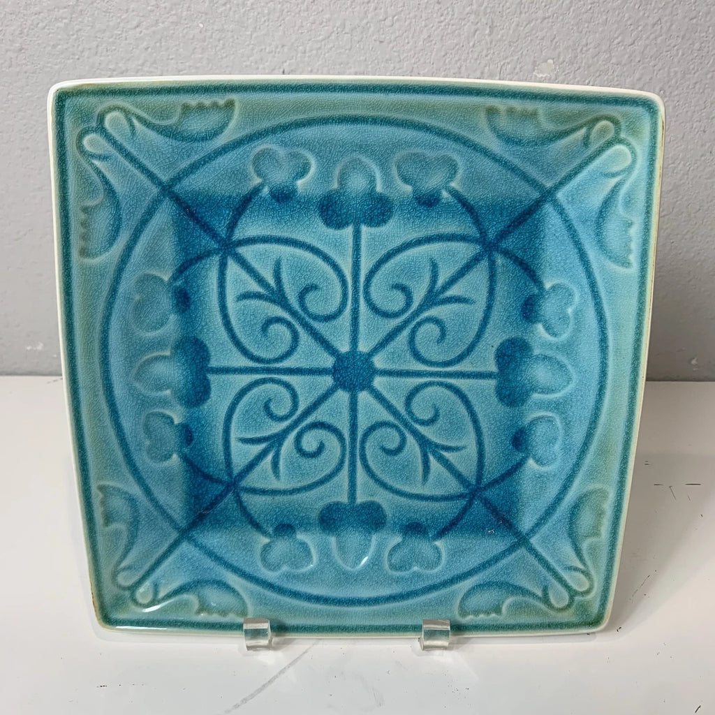Roscher Lorelei 10.5" Square Blue Green Turquoise Crackled Dinner Plate