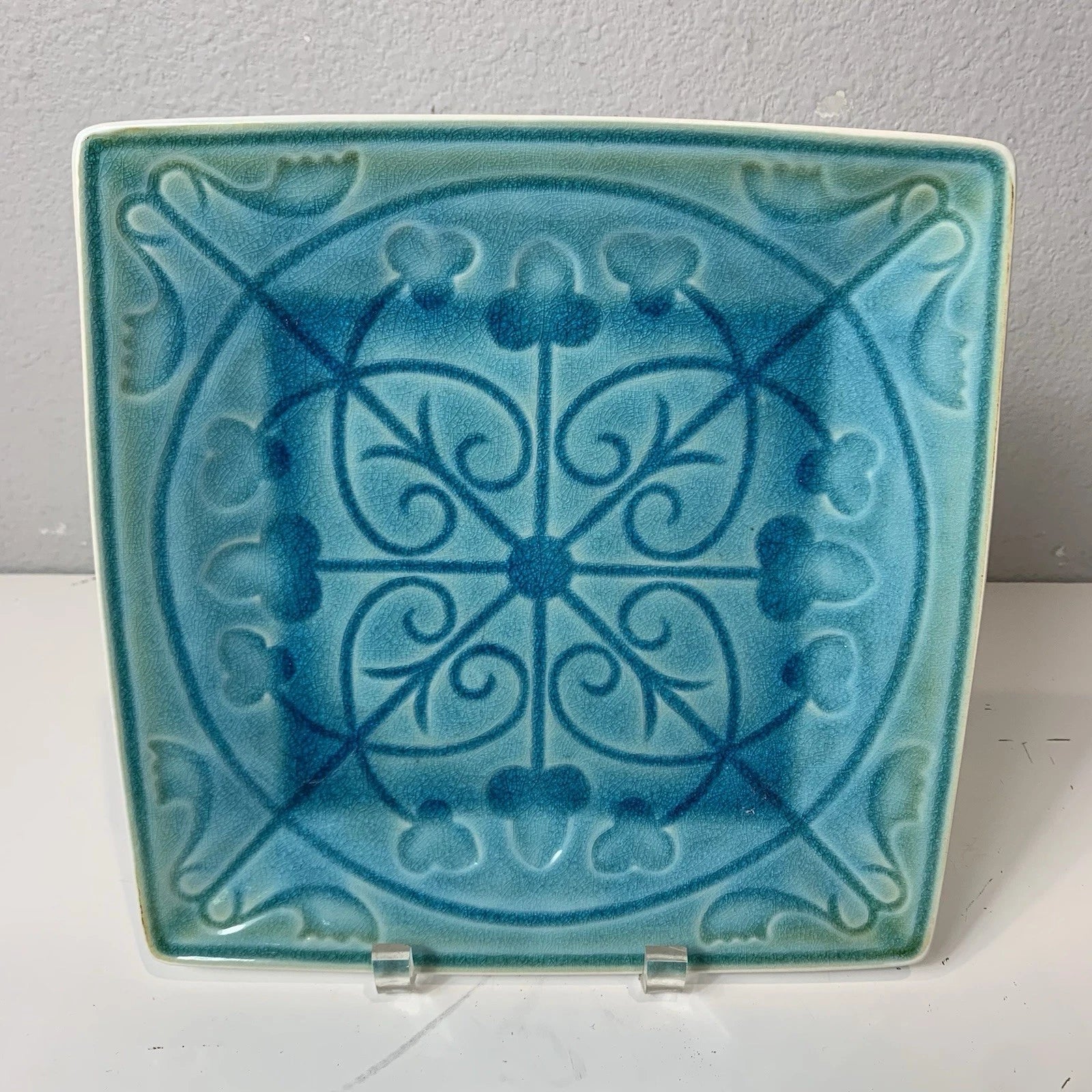 Roscher Lorelei 10.5" Square Blue Green Turquoise Crackled Dinner Plate