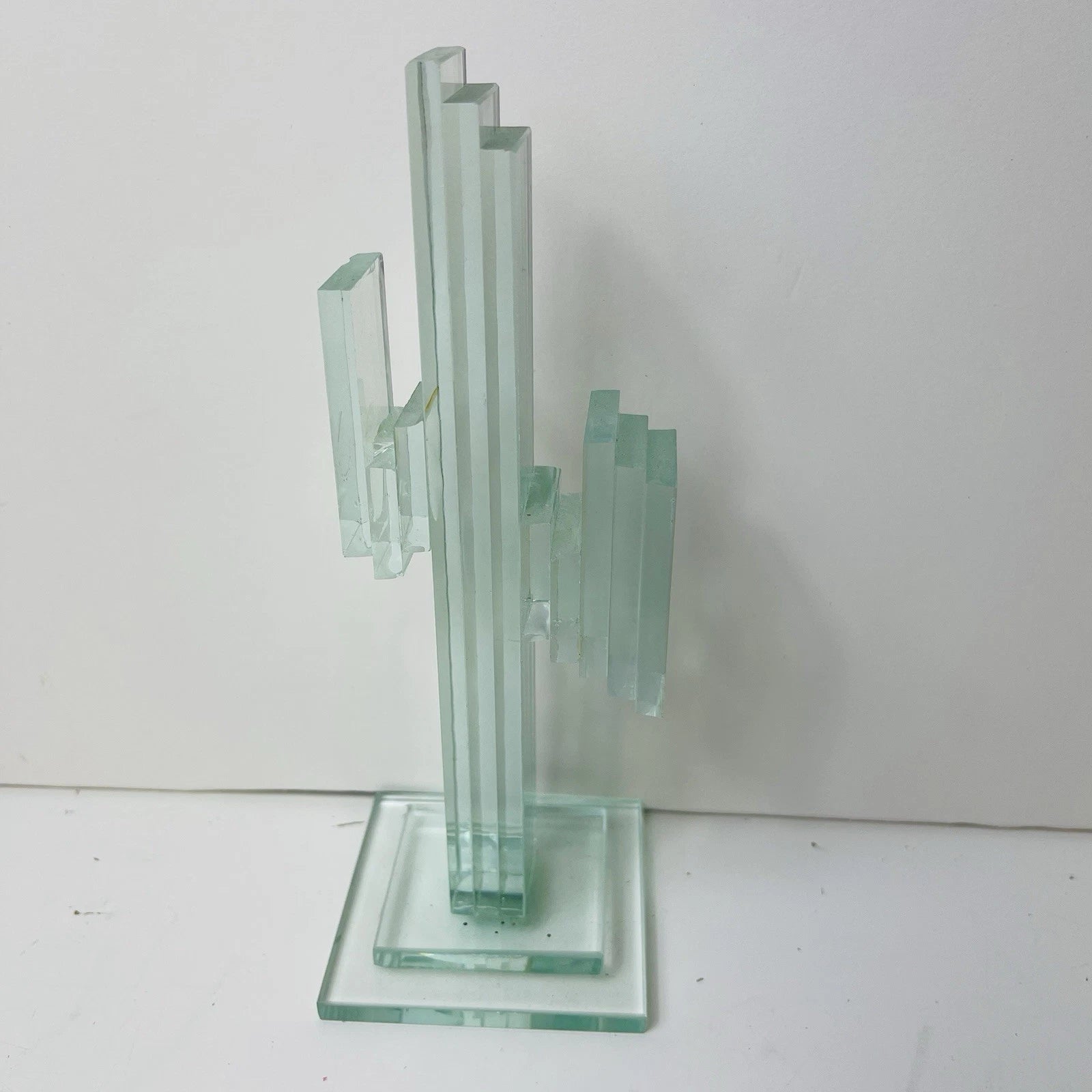 Stacked Art Glass Clear Cactus Figurine Sculpture Southwest Folk Art Statue Deco