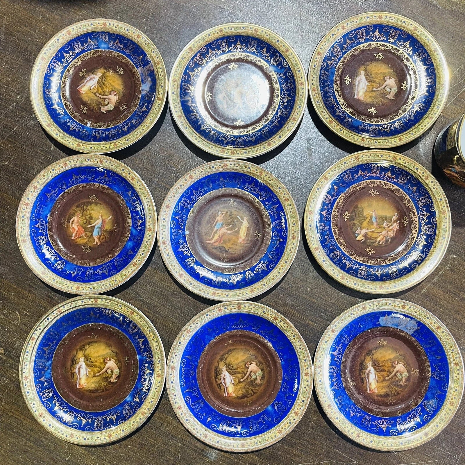 Vintage Blue Gold Small Plate Set Of 9 Plates And 2 Cups Home Accent Arts Decor