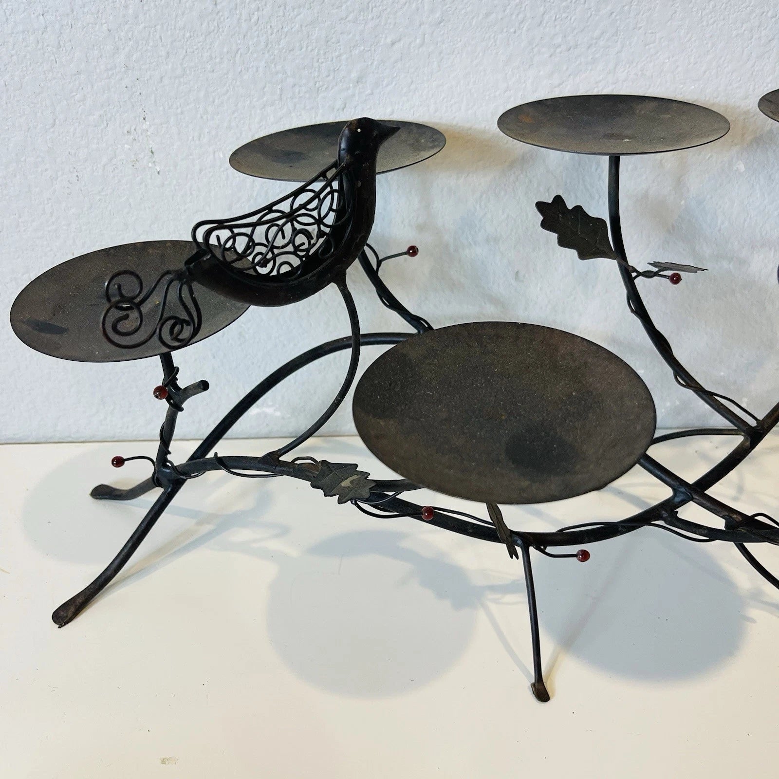 Rustic 9-Arm Metal Candle Holder, Rubbed Bronze Finish, Birds on Branches Design