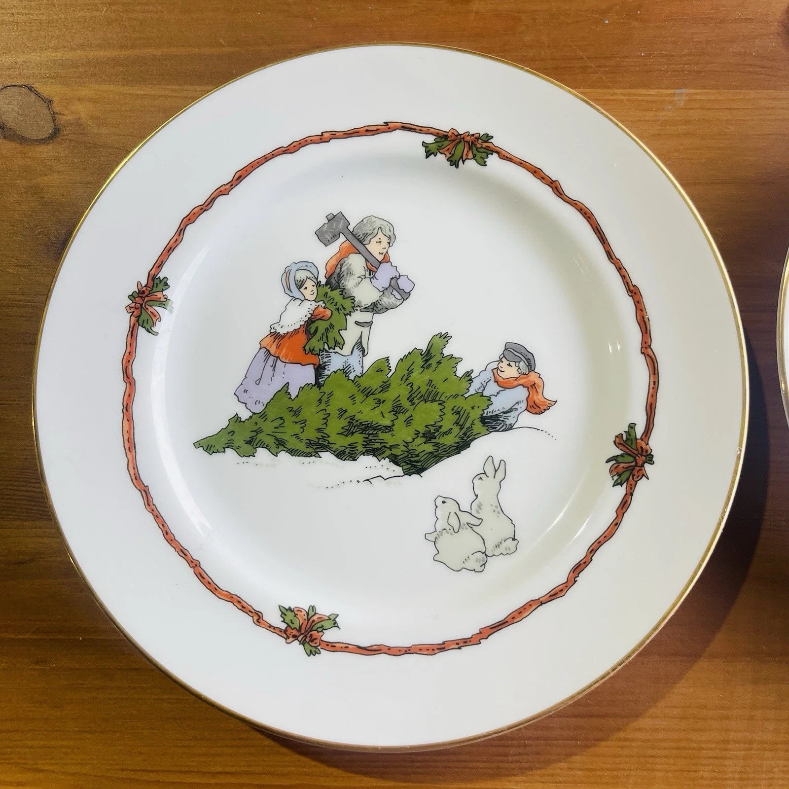 Fitz & Floyd X-mas DECK THE HALLS Prato de Salada Corte Árvore e Coelhos Imagem Conjunto De 2-