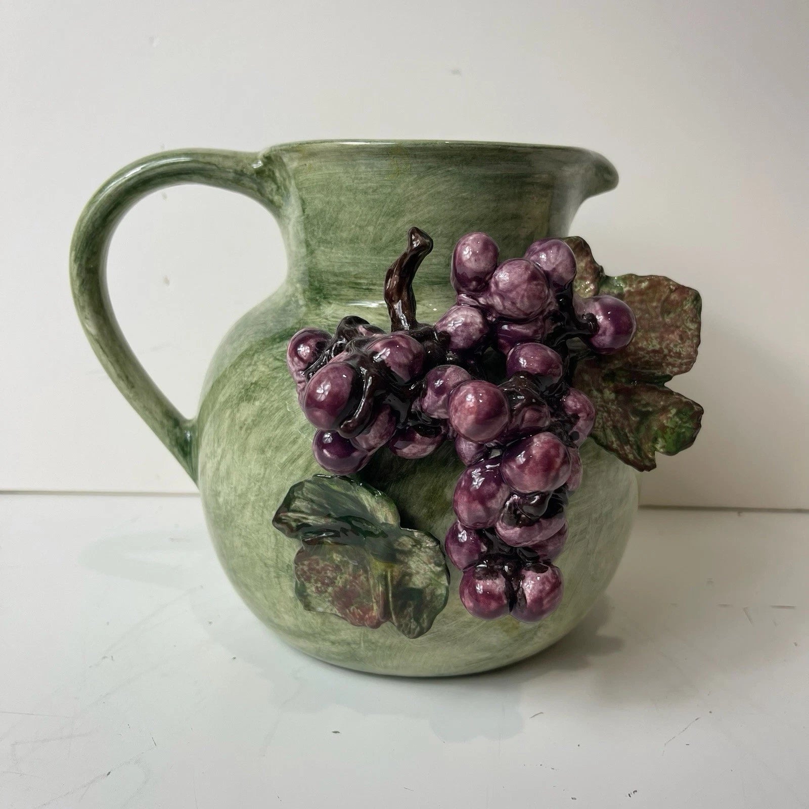 San Marco Nove Italy Hand-painted Pitcher Purple Grapes Green Embossed