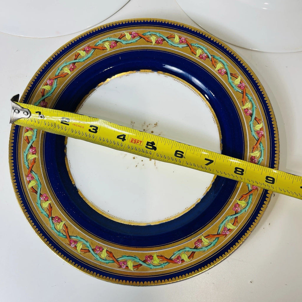 Set Of 3 Bohemian Style Dessert Plates Blue Gold Rim Pink Roses Vine Accent Deco