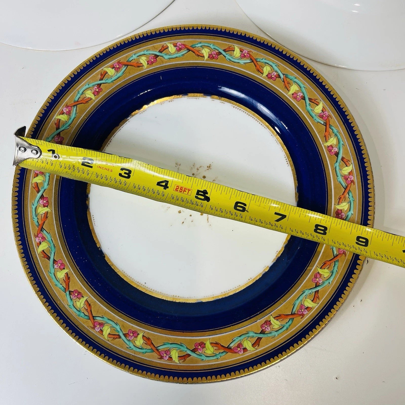 Set Of 3 Bohemian Style Dessert Plates Blue Gold Rim Pink Roses Vine Accent Deco