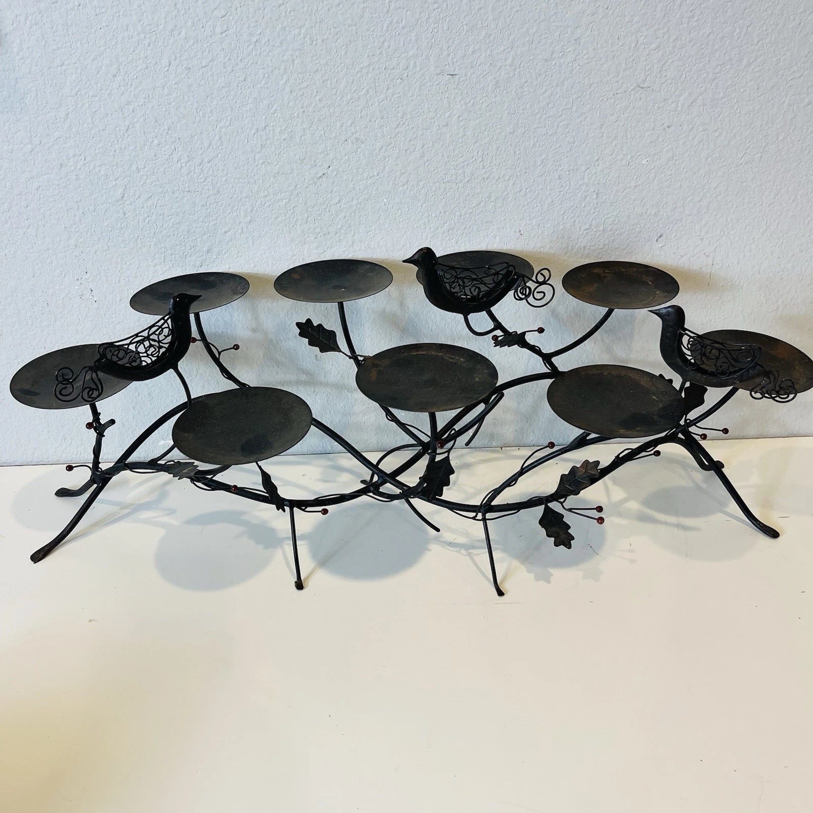 Rustic 9-Arm Metal Candle Holder, Rubbed Bronze Finish, Birds on Branches Design