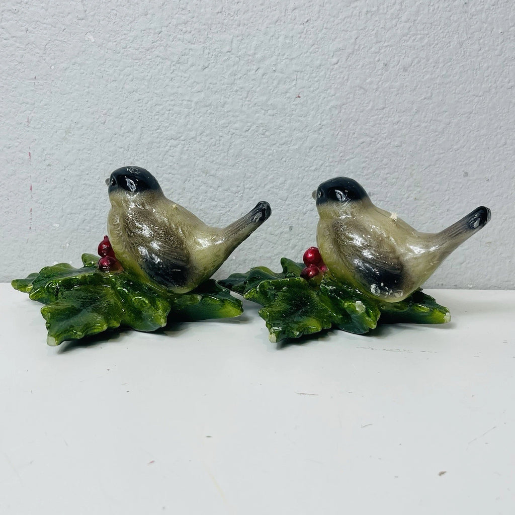 Set Of 2 Bird Candles Hand Painted with Christmas Holly Leaves and Berries