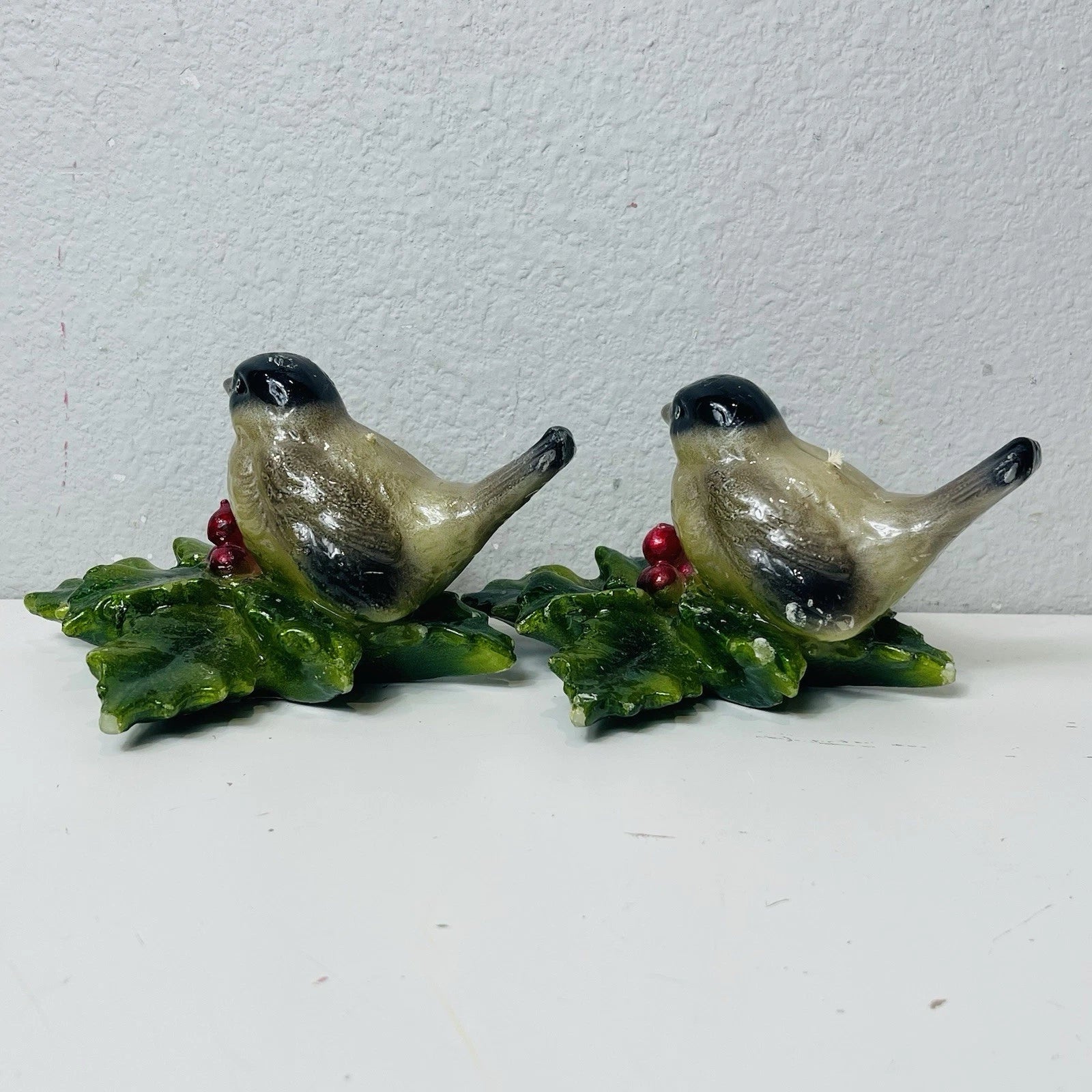 Set Of 2 Bird Candles Hand Painted with Christmas Holly Leaves and Berries