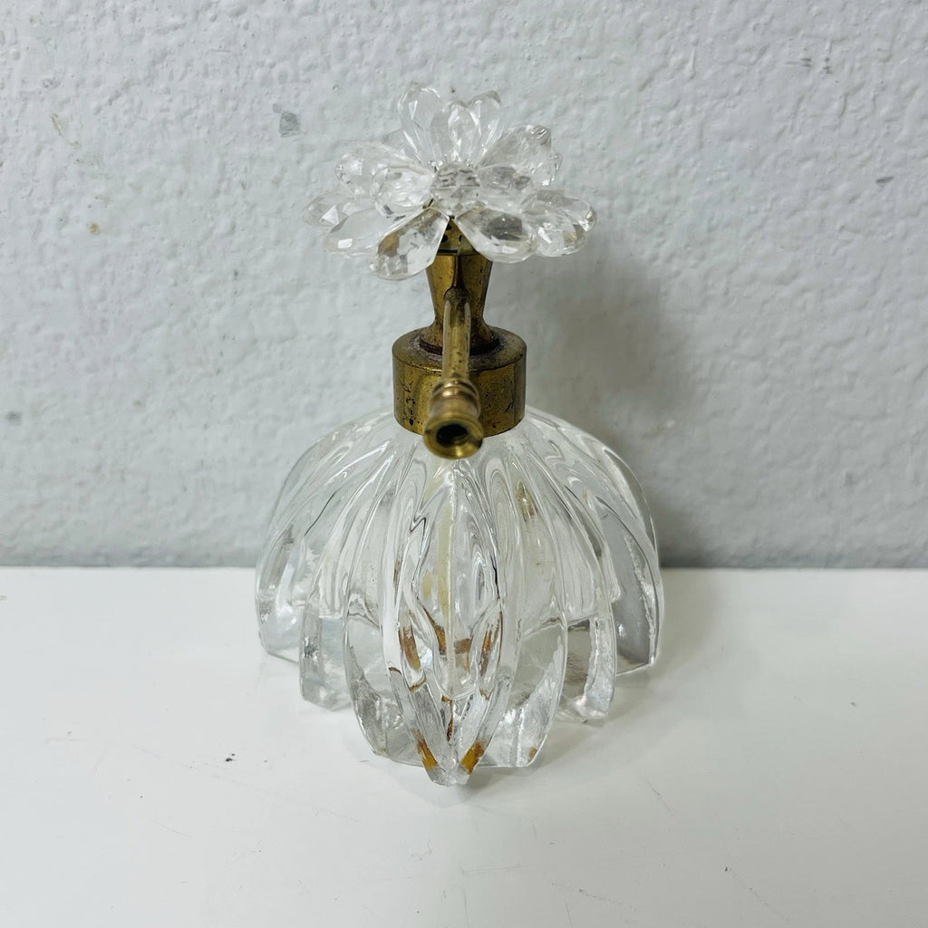 Clear Glass Perfume Bottle with Metal Flower & Rhinestone Pump Accent – Decorative