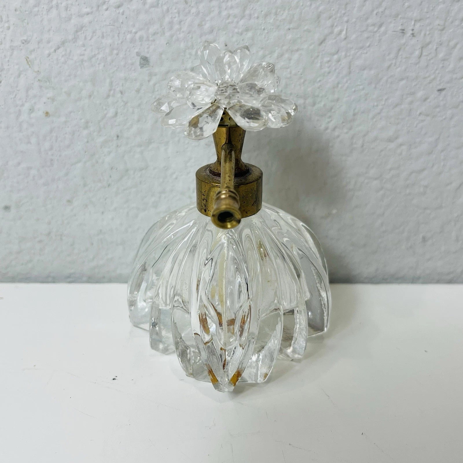 Clear Glass Perfume Bottle with Metal Flower & Rhinestone Pump Accent – Decorative