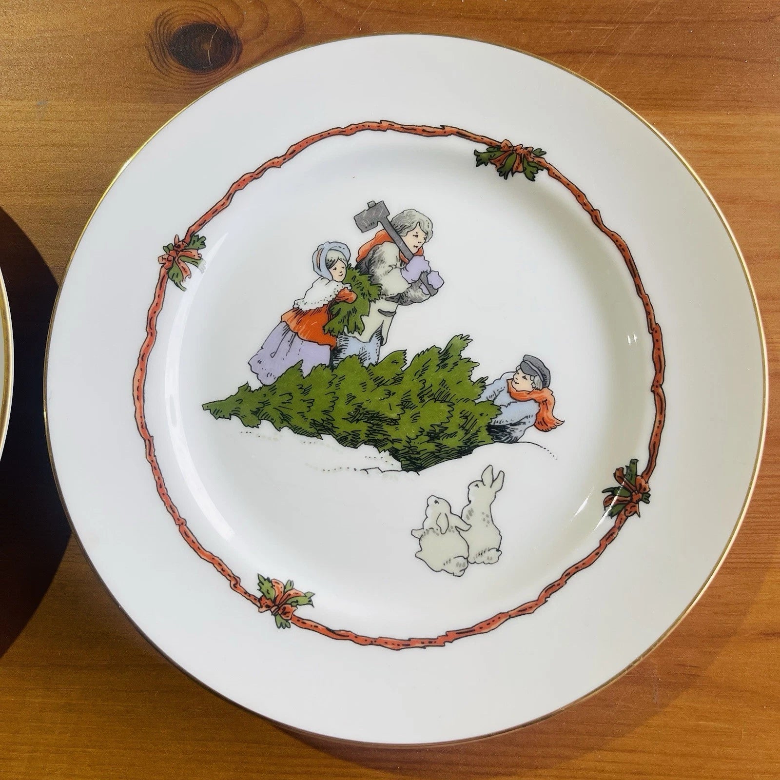 Fitz & Floyd X-mas DECK THE HALLS Prato de Salada Corte Árvore e Coelhos Imagem Conjunto De 2-