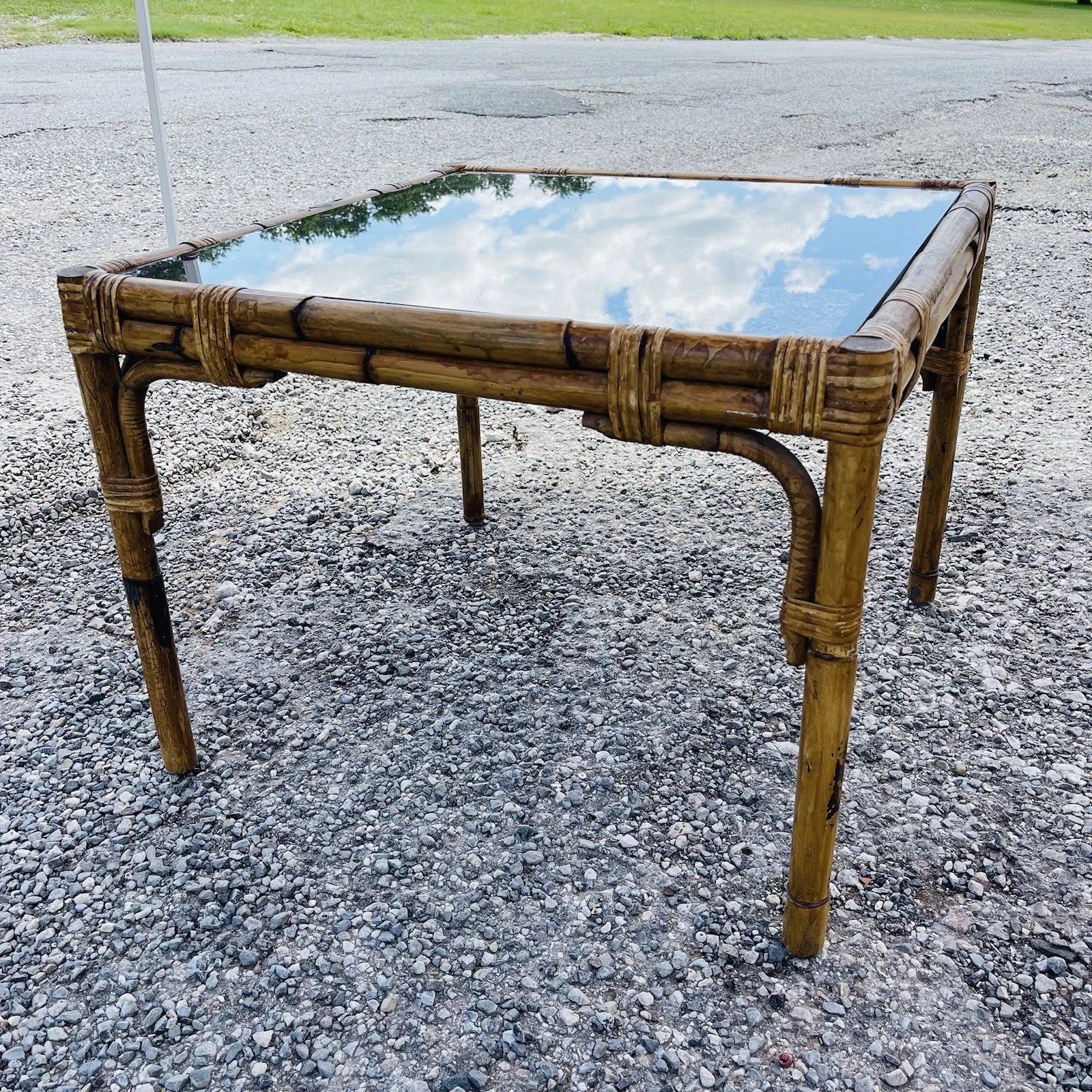 Mid Century Vintage Bamboo Rattan Smoked Glass Side End Table Boho Accent Decor