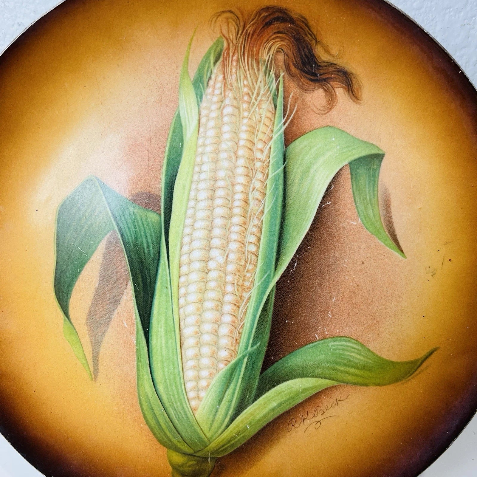 Vintage Corn- decorated Plate, R.K. Beck Signed – Home Office Accent Décor